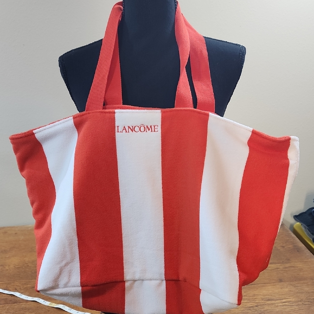 Lancome Red And White Terry Cloth Beach Pool Tote Bag